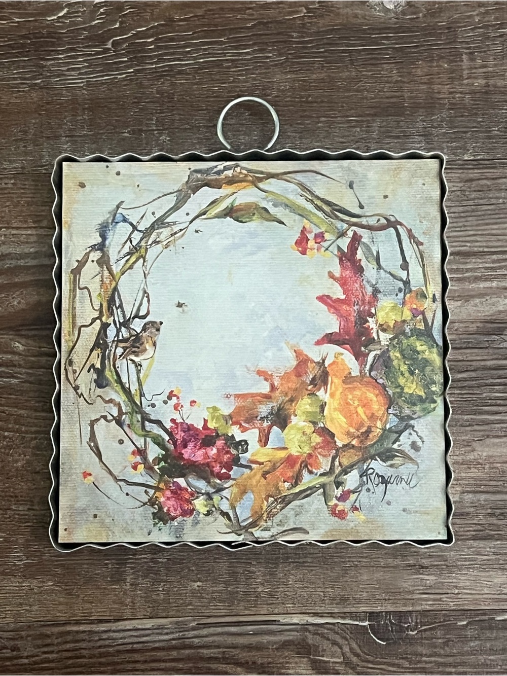 Autumn Floral Wreath Wall Plaque - Orange, Red & Green